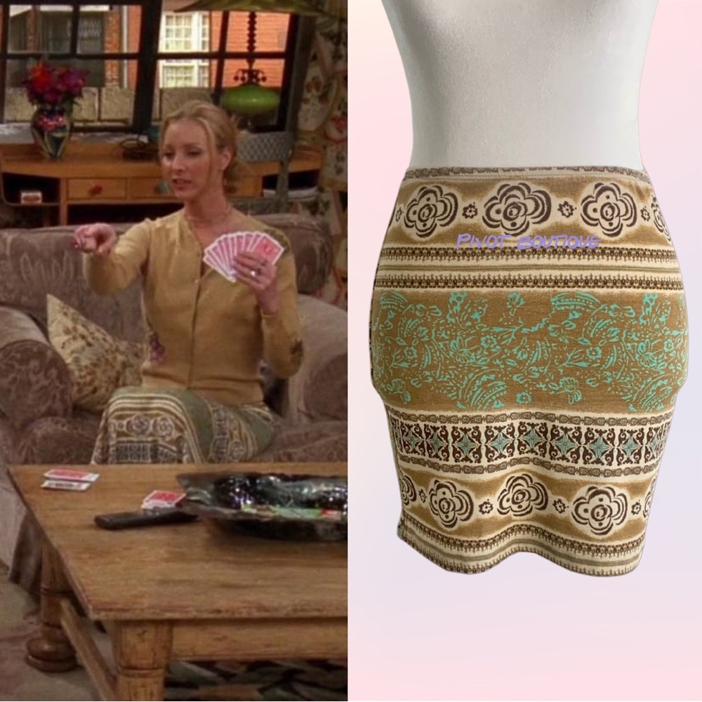 Vintage Green Tan Patterned Alt. Mini Skirt ASO Phoebe Buffay on Friends